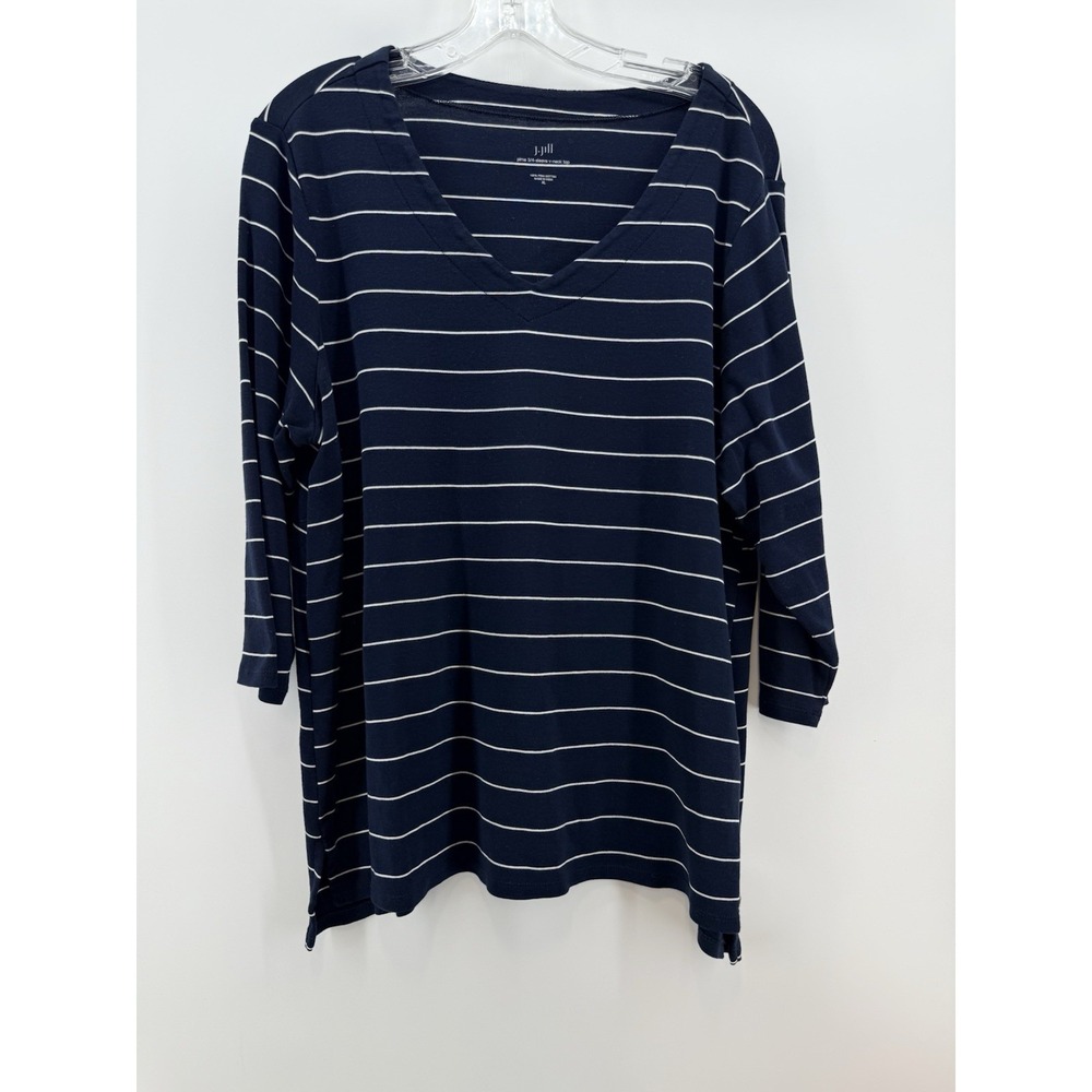 J. Jill Navy Blue & White Stripe 3/4 Sleeve V-Neck Pima Top XL